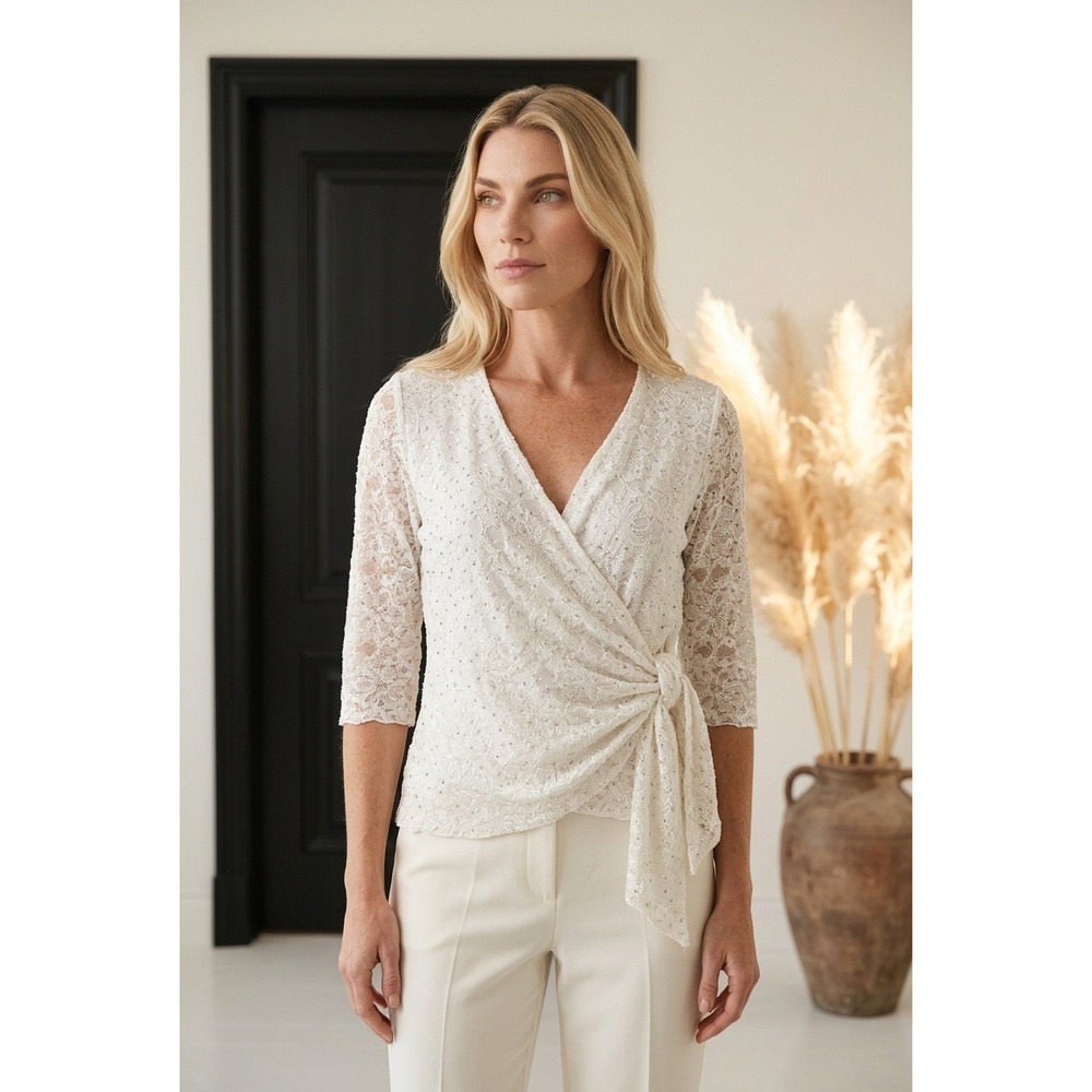 Brittany Black Womens Lace Glitter Wrap Ivory Silver 3/4 Sleeve Top Med Romantic